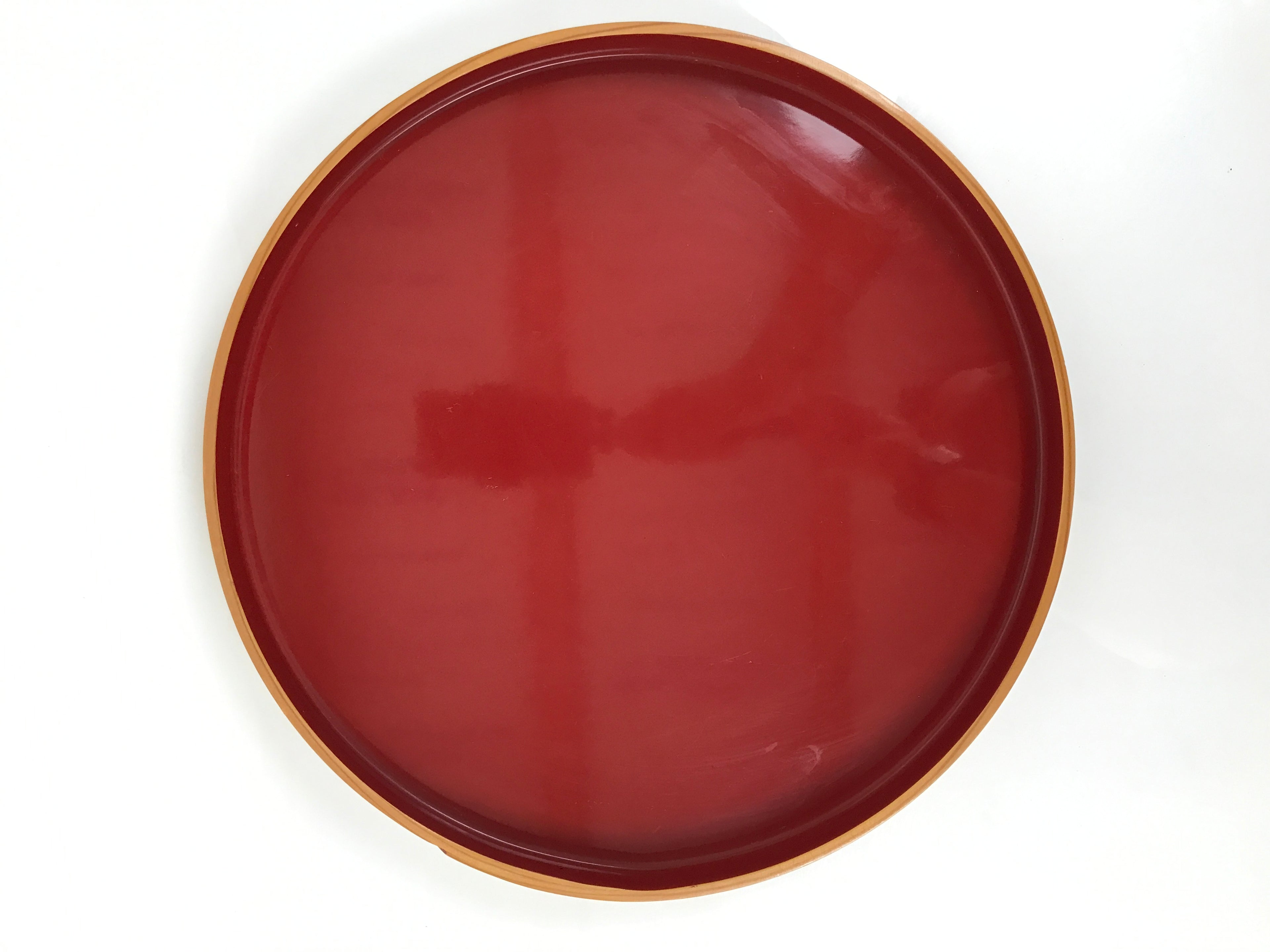 Japanese Lacquered Wooden Serving Tray Obon Vtg Round Red Vermilion Black L551