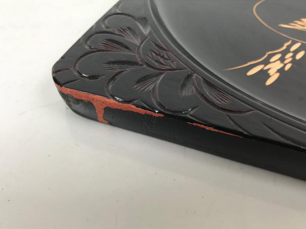 Japanese Lacquered Wooden Serving Tray Obon Vtg Square Hieizan Pine Tree L460