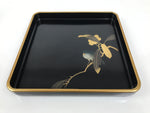 Japanese Lacquered Wooden Serving Tray Obon Vtg Square Makie Bird Black L461