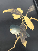 Japanese Lacquered Wooden Serving Tray Obon Vtg Square Makie Bird Black L461