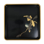 Japanese Lacquered Wooden Serving Tray Obon Vtg Square Makie Bird Black L461