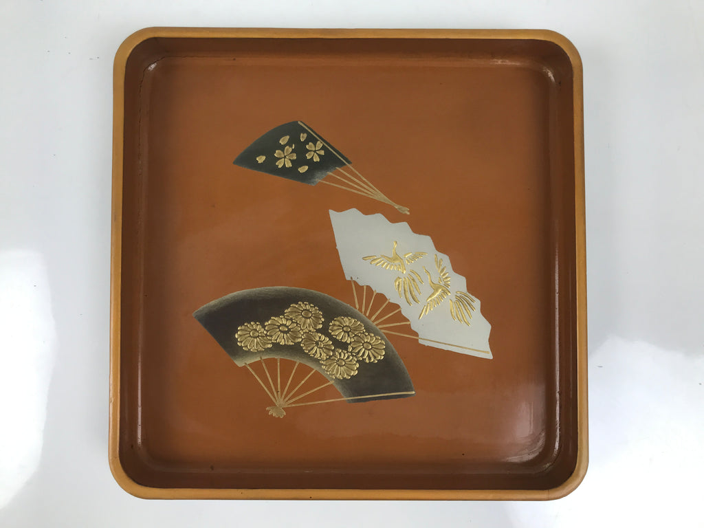 Japanese Lacquered Wooden Serving Tray Obon Vtg Square Makie Fans Brown LWB124