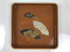 Japanese Lacquered Wooden Serving Tray Obon Vtg Square Makie Fans Brown LWB124