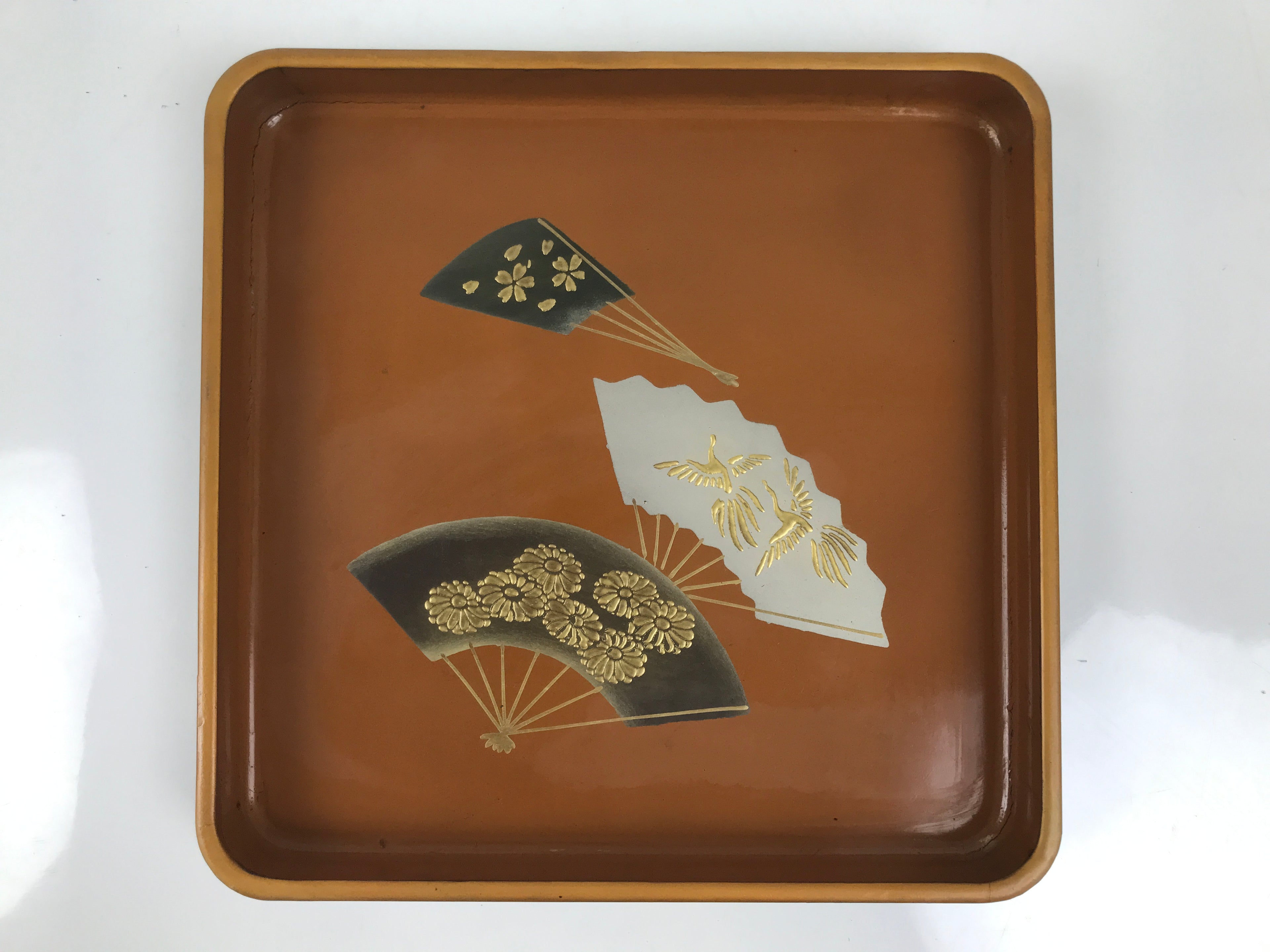 Japanese Lacquered Wooden Serving Tray Obon Vtg Square Makie Fans Brown LWB124