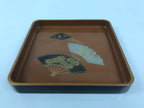 Japanese Lacquered Wooden Serving Tray Obon Vtg Square Makie Fans Brown LWB124