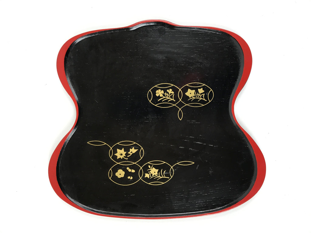 Japanese Lacquered Wooden Serving Tray Vtg Hyotan Gourd Black Red Makie L259