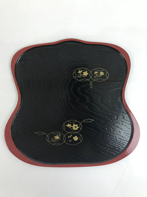 Japanese Lacquered Wooden Serving Tray Vtg Hyotan Gourd Black Red Makie LWB100