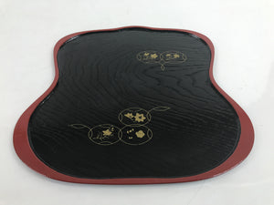 Japanese Lacquered Wooden Serving Tray Vtg Hyotan Gourd Black Red Makie LWB100