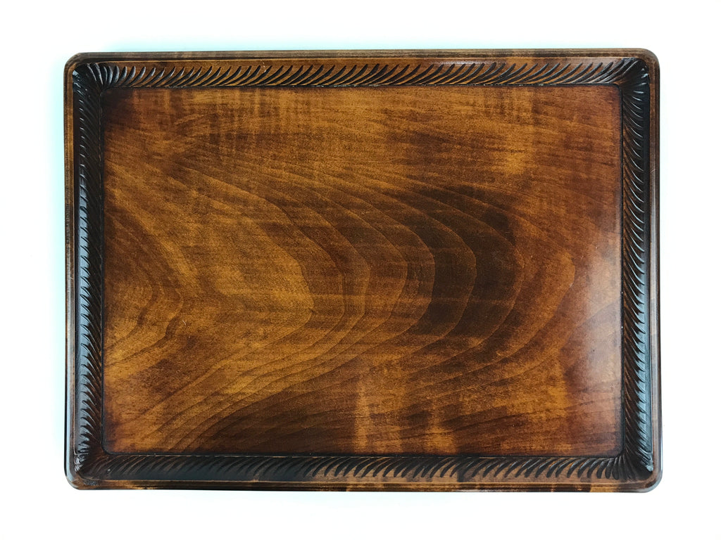Japanese Lacquered Wooden Serving Tray Vtg Large Obon Carved Brown UR991