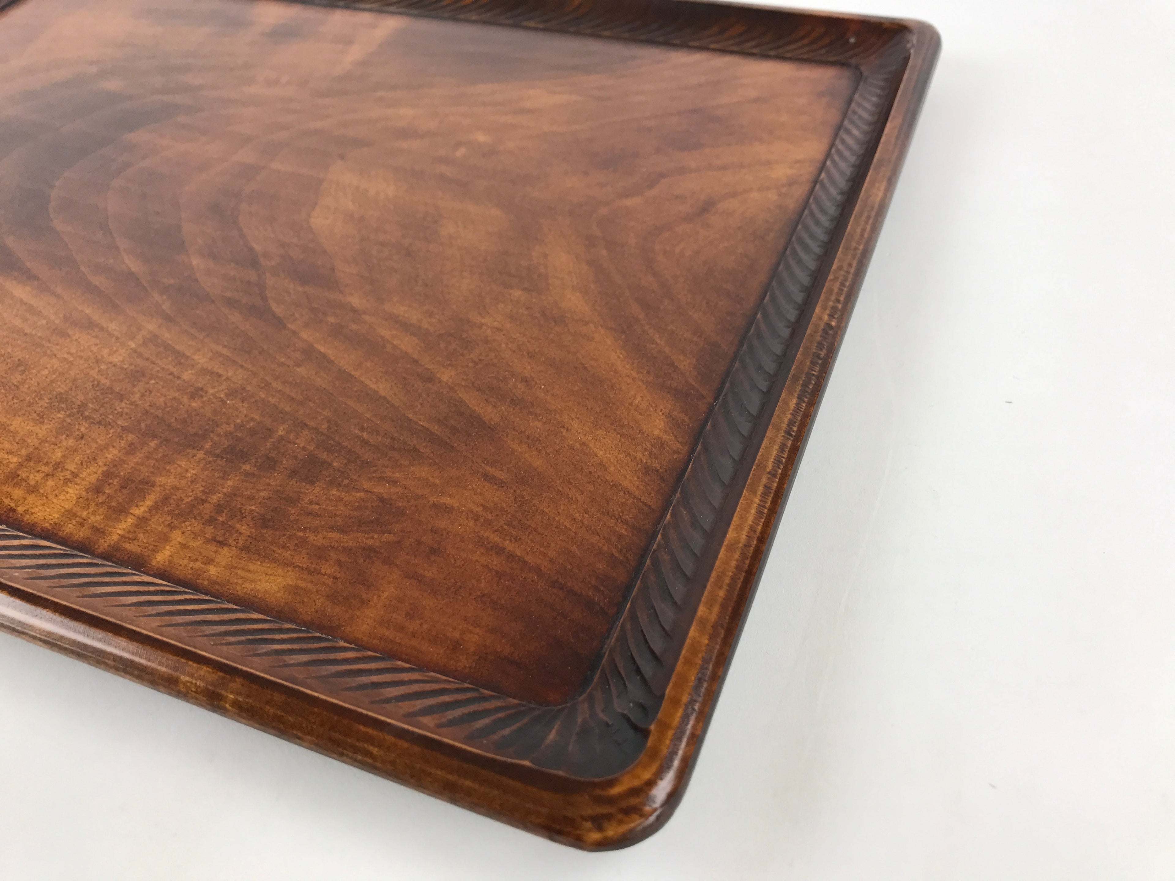 Japanese Lacquered Wooden Serving Tray Vtg Large Obon Carved Brown UR991