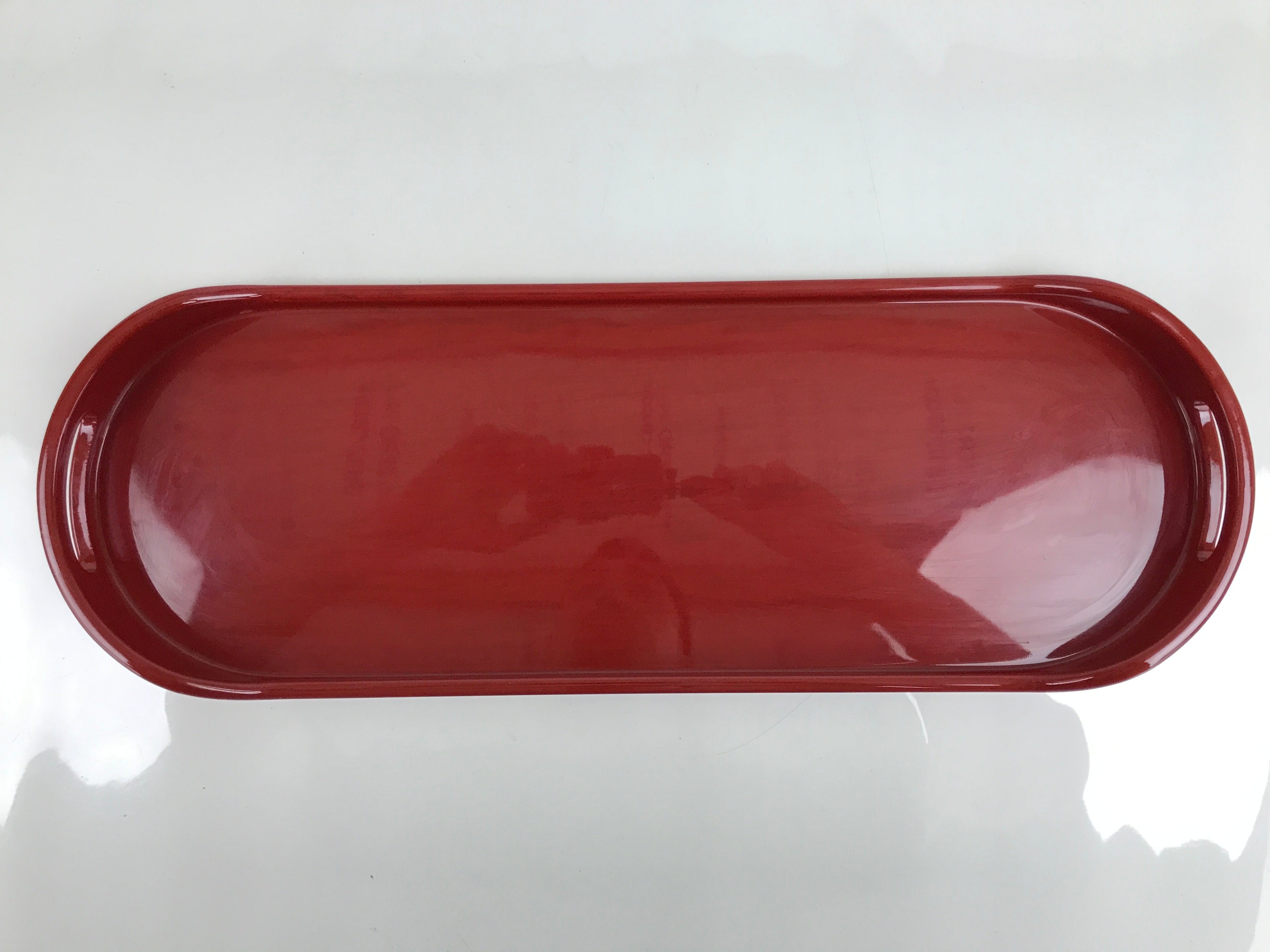 Japanese Lacquered Wooden Serving Tray Vtg Long Oval Shape Obon Red Black LWB97