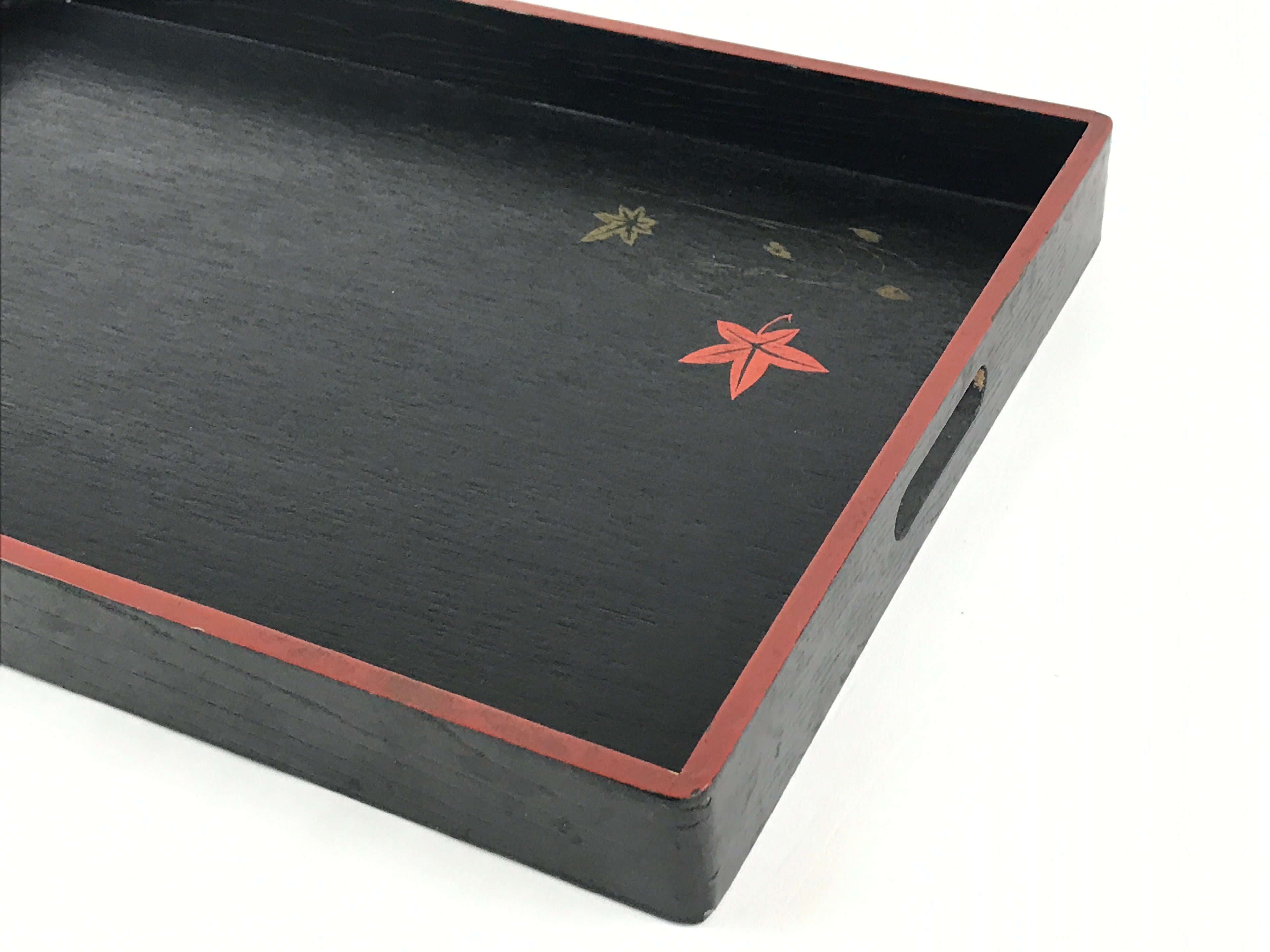 Japanese Lacquered Wooden Serving Tray Vtg Obon Maple Momiji Red Black UR988
