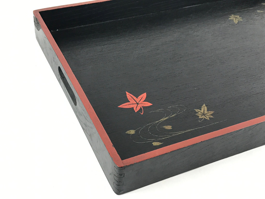 Japanese Lacquered Wooden Serving Tray Vtg Obon Maple Momiji Red Black UR988