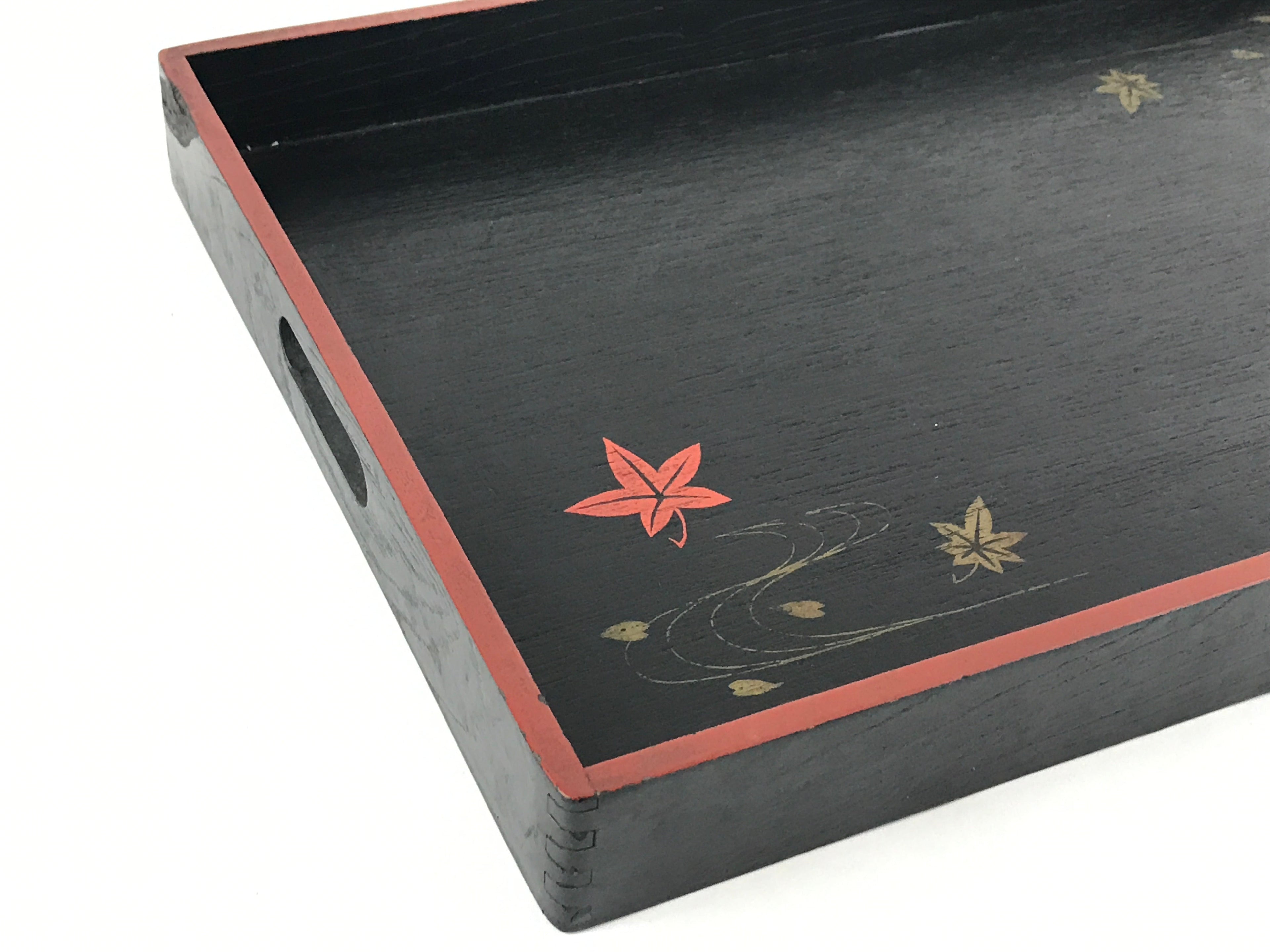 Japanese Lacquered Wooden Serving Tray Vtg Obon Maple Momiji Red Black UR988