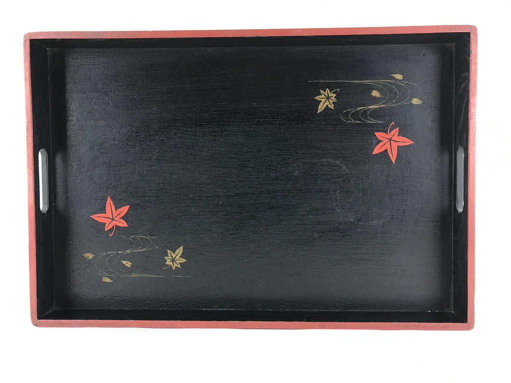 Japanese Lacquered Wooden Serving Tray Vtg Obon Maple Momiji Red Black UR988