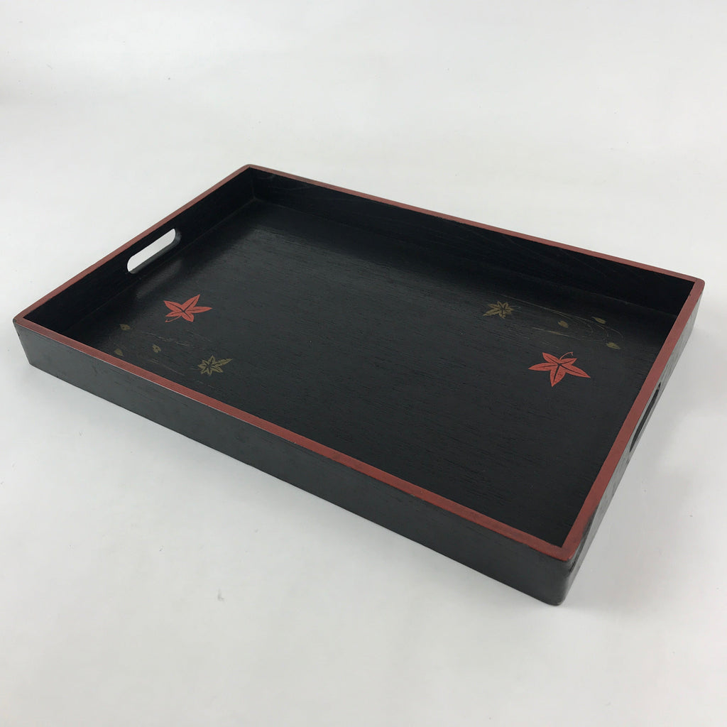Japanese Lacquered Wooden Serving Tray Vtg Obon Maple Momiji Red Black UR988