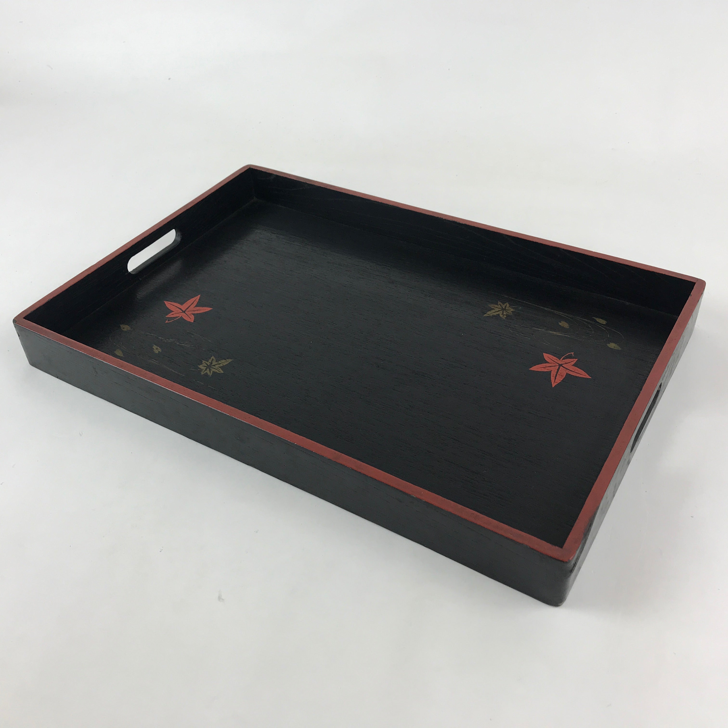 Japanese Lacquered Wooden Serving Tray Vtg Obon Maple Momiji Red Black UR988