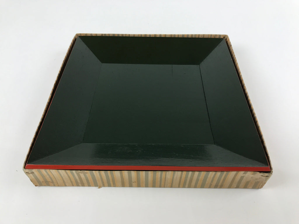 Japanese Lacquered Wooden Serving Tray Vtg Plate Square Dark Green Red LWB92