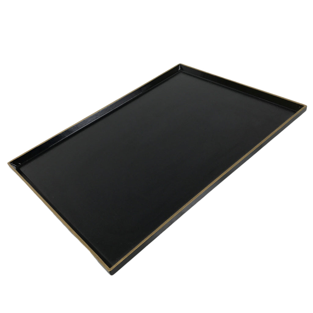 Japanese Lacquered Wooden Serving Tray Vtg Rectangle Obon Black Gold L415