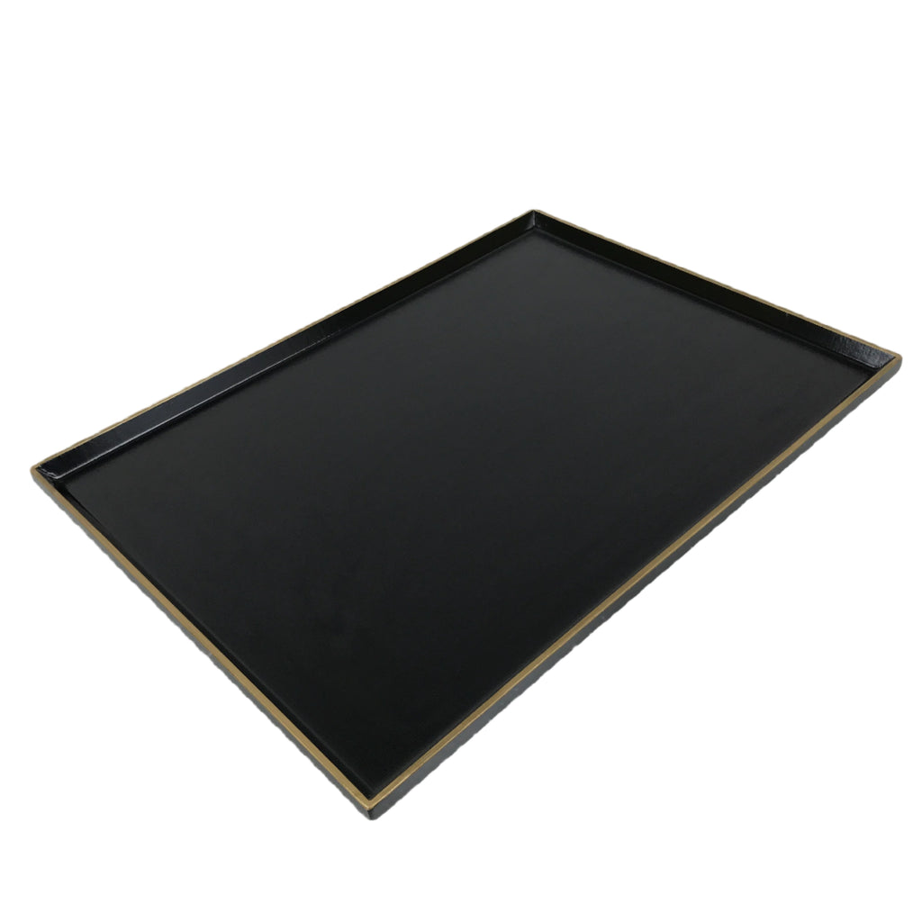 Japanese Lacquered Wooden Serving Tray Vtg Rectangle Obon Black Gold L416
