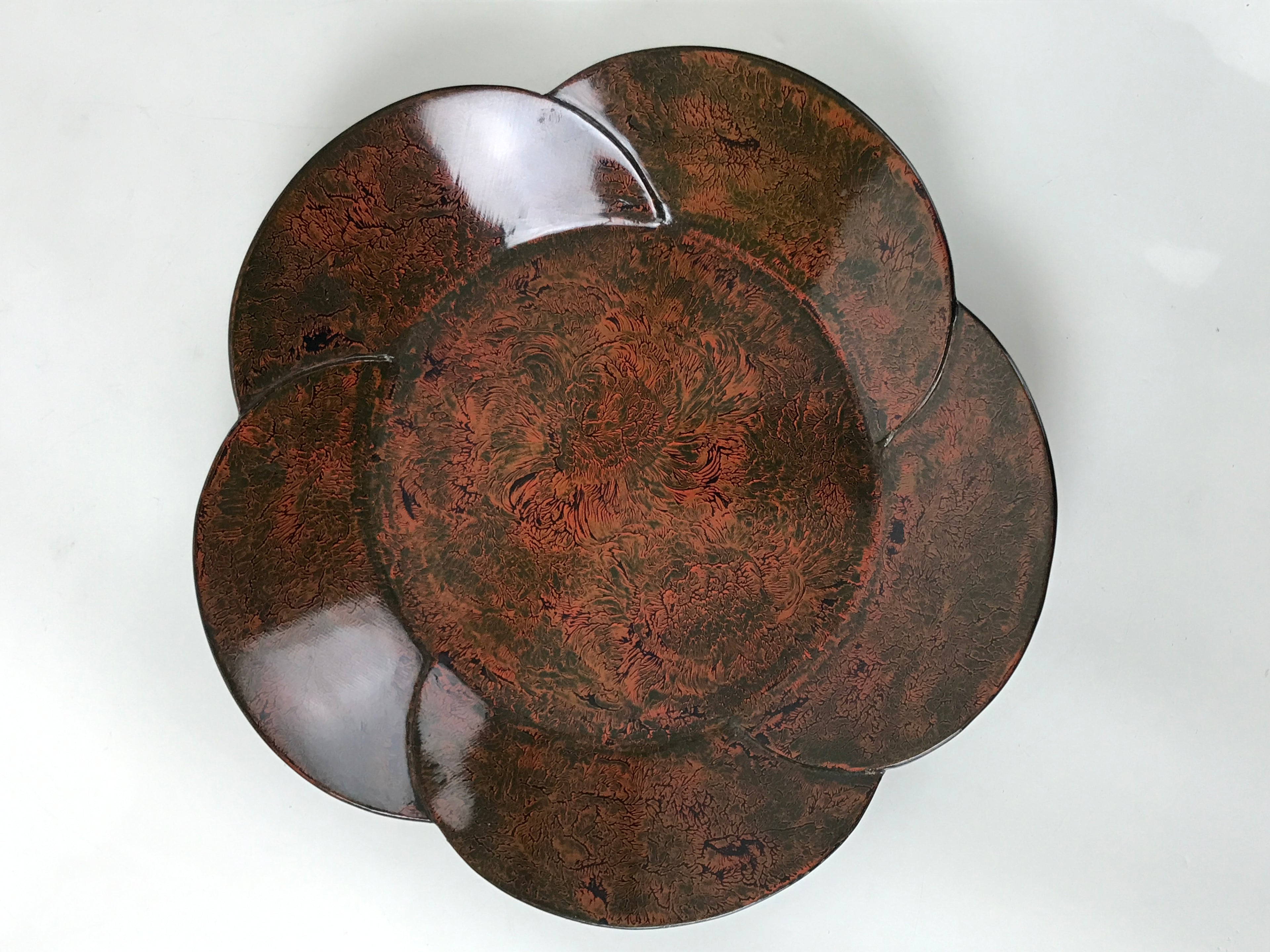 Japanese Lacquered Wooden Serving Tray Vtg Round Obon Plum Blossom Brown L393