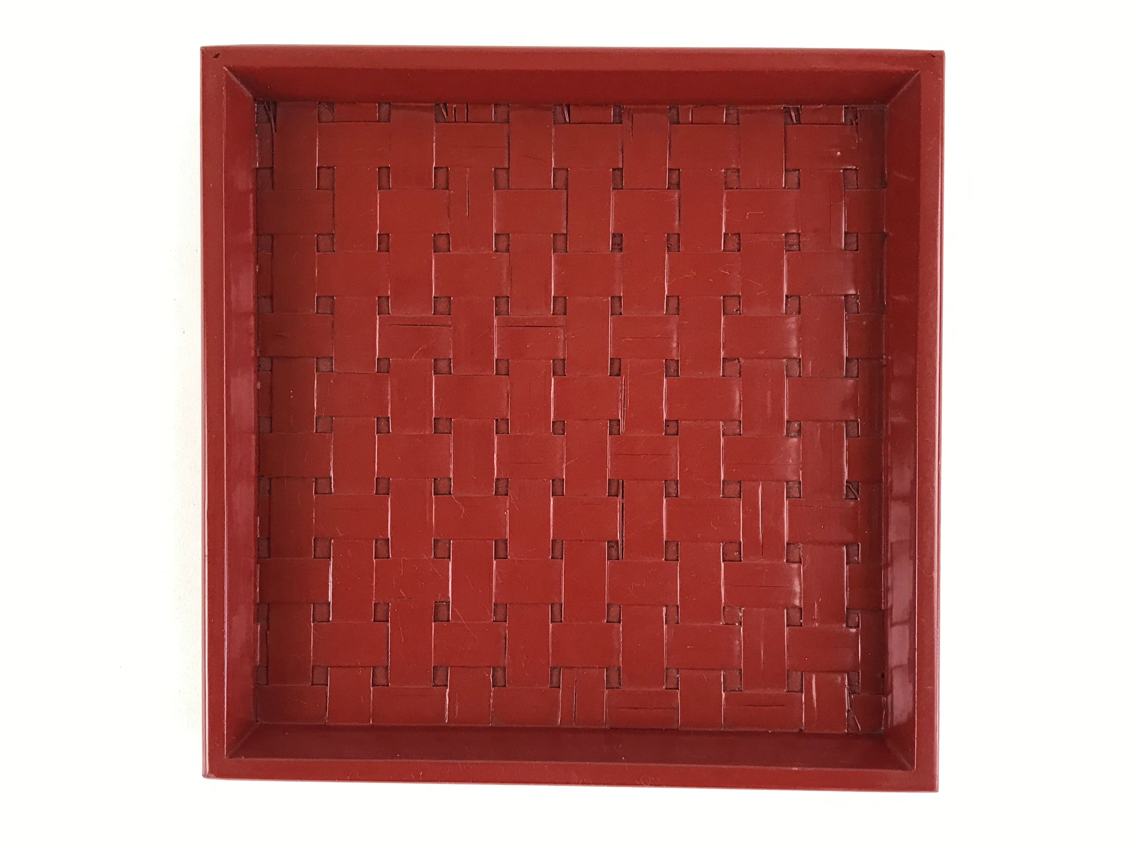 Japanese Lacquered Wooden Serving Tray Vtg Small Obon Red Weave Pattern UR893