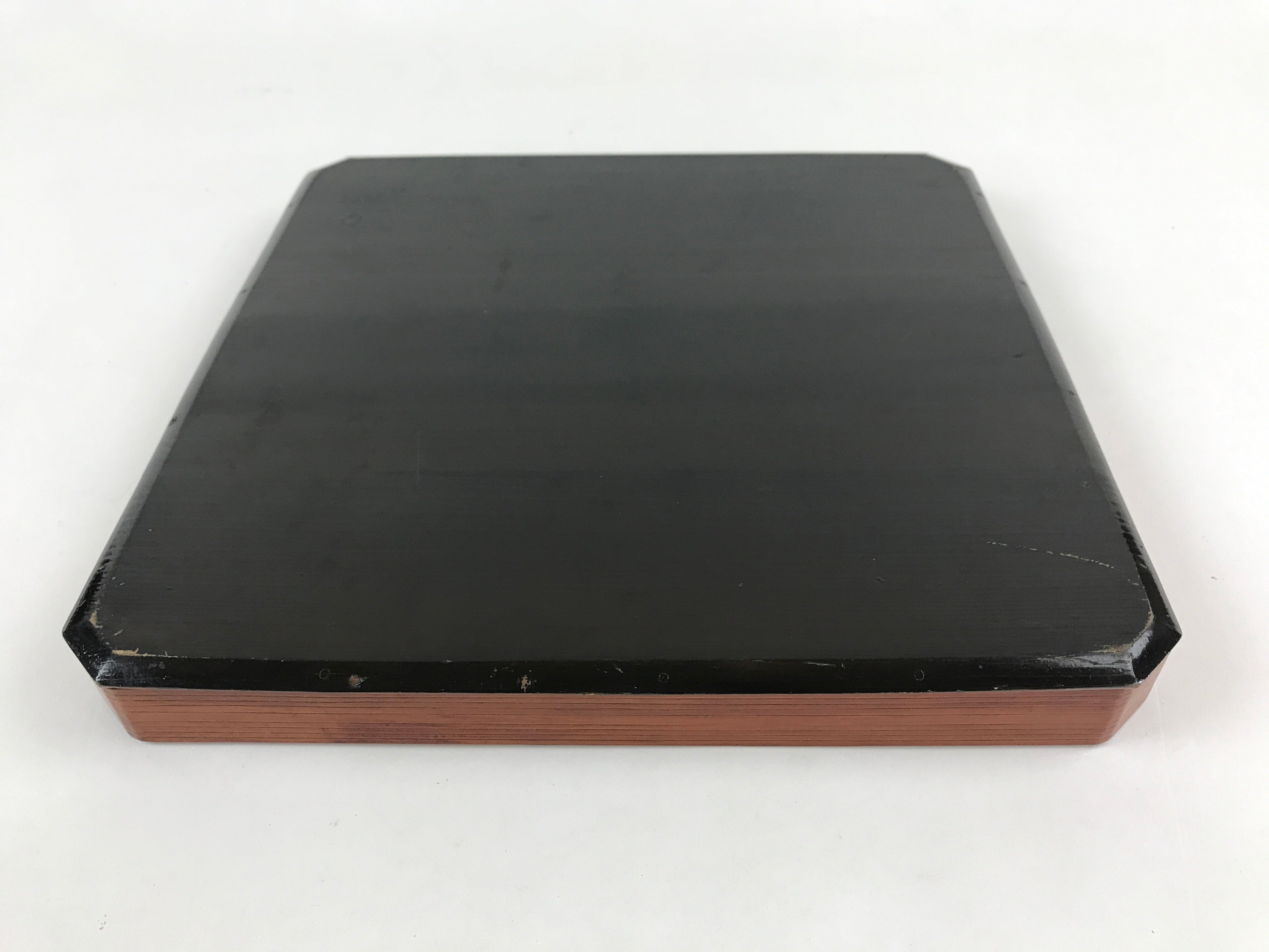 Japanese Lacquered Wooden Serving Tray Vtg Square Obon Brown Black UR968