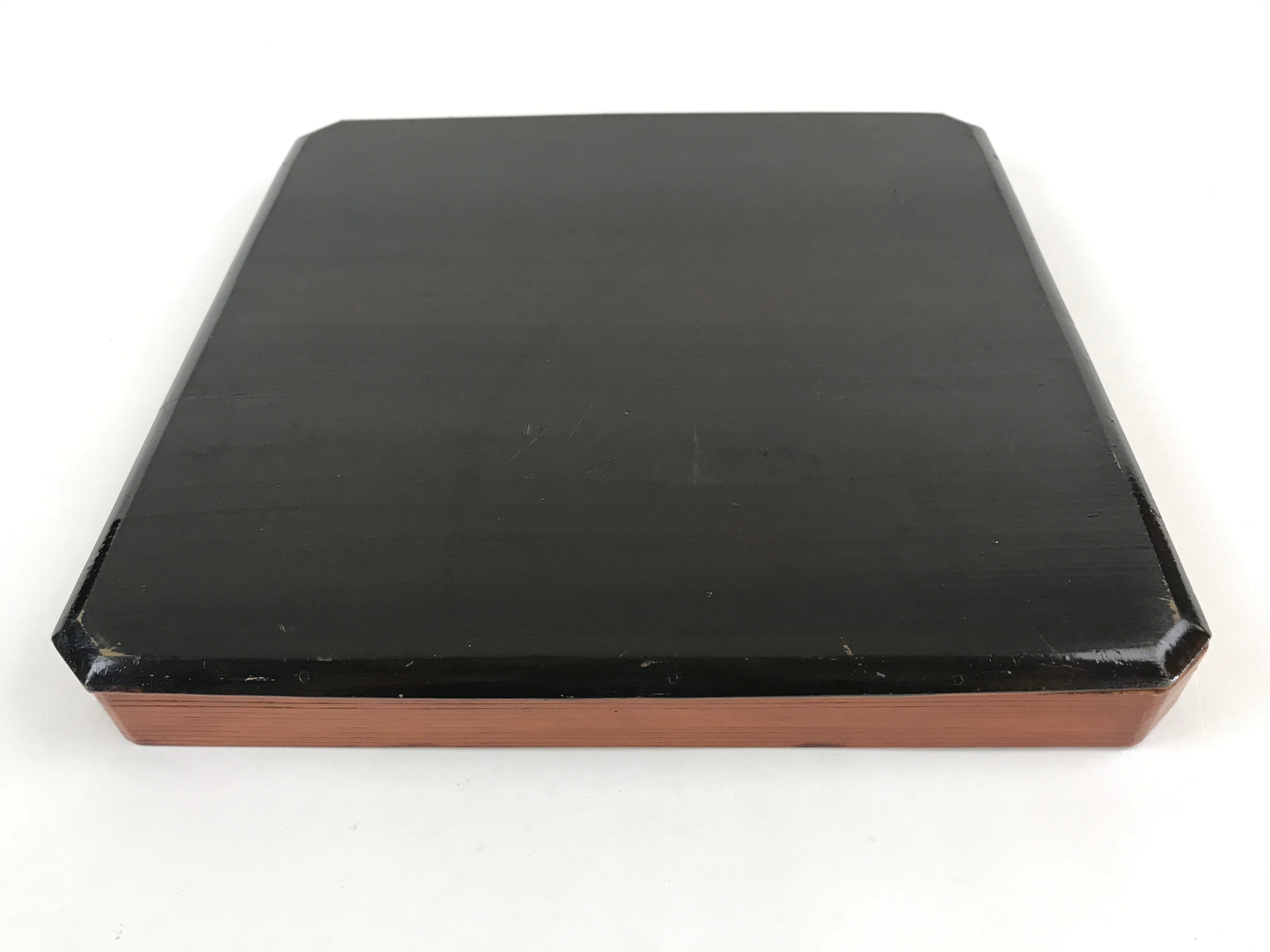 Japanese Lacquered Wooden Serving Tray Vtg Square Obon Brown Black UR970