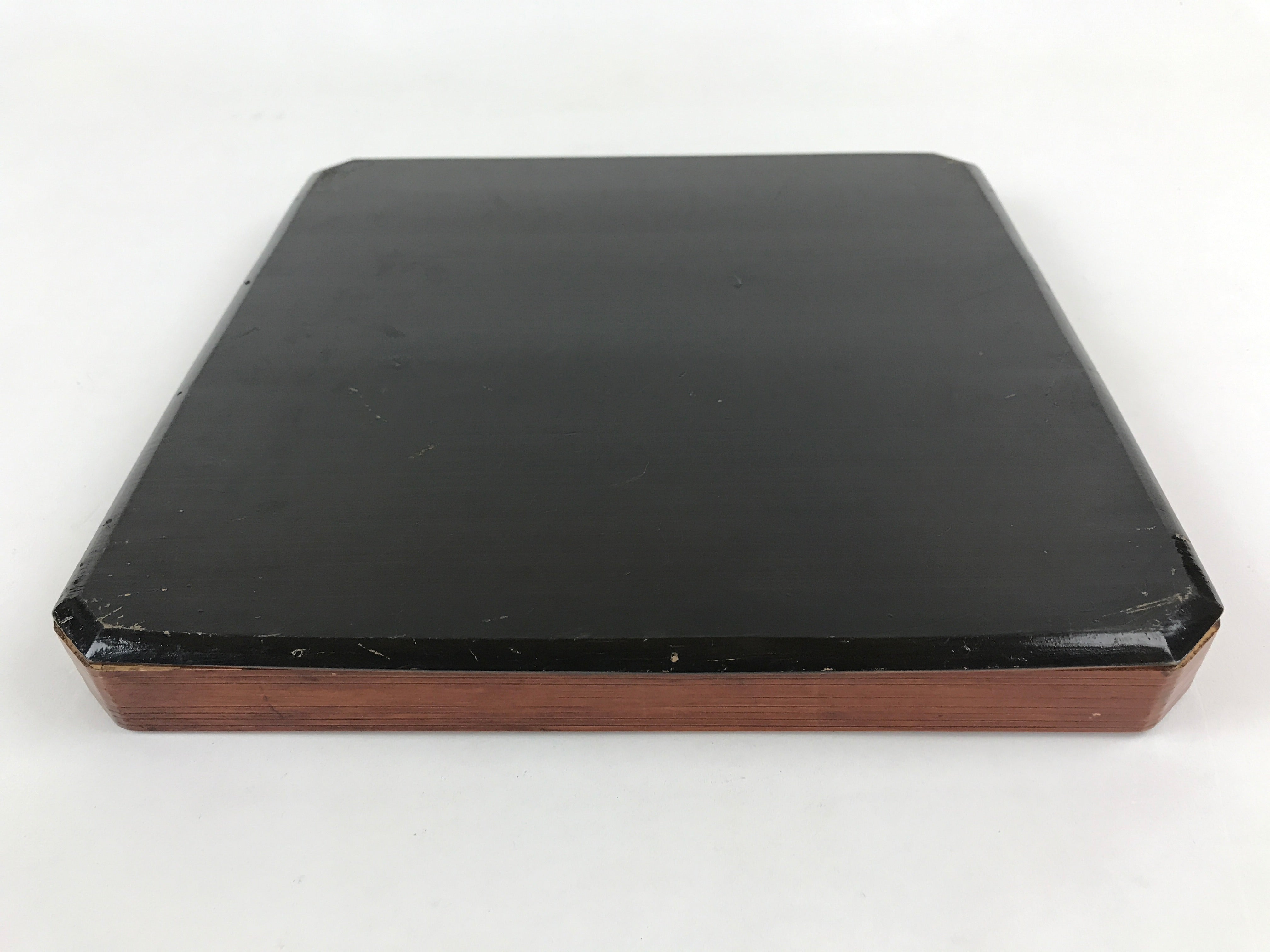 Japanese Lacquered Wooden Serving Tray Vtg Square Obon Brown Black UR972