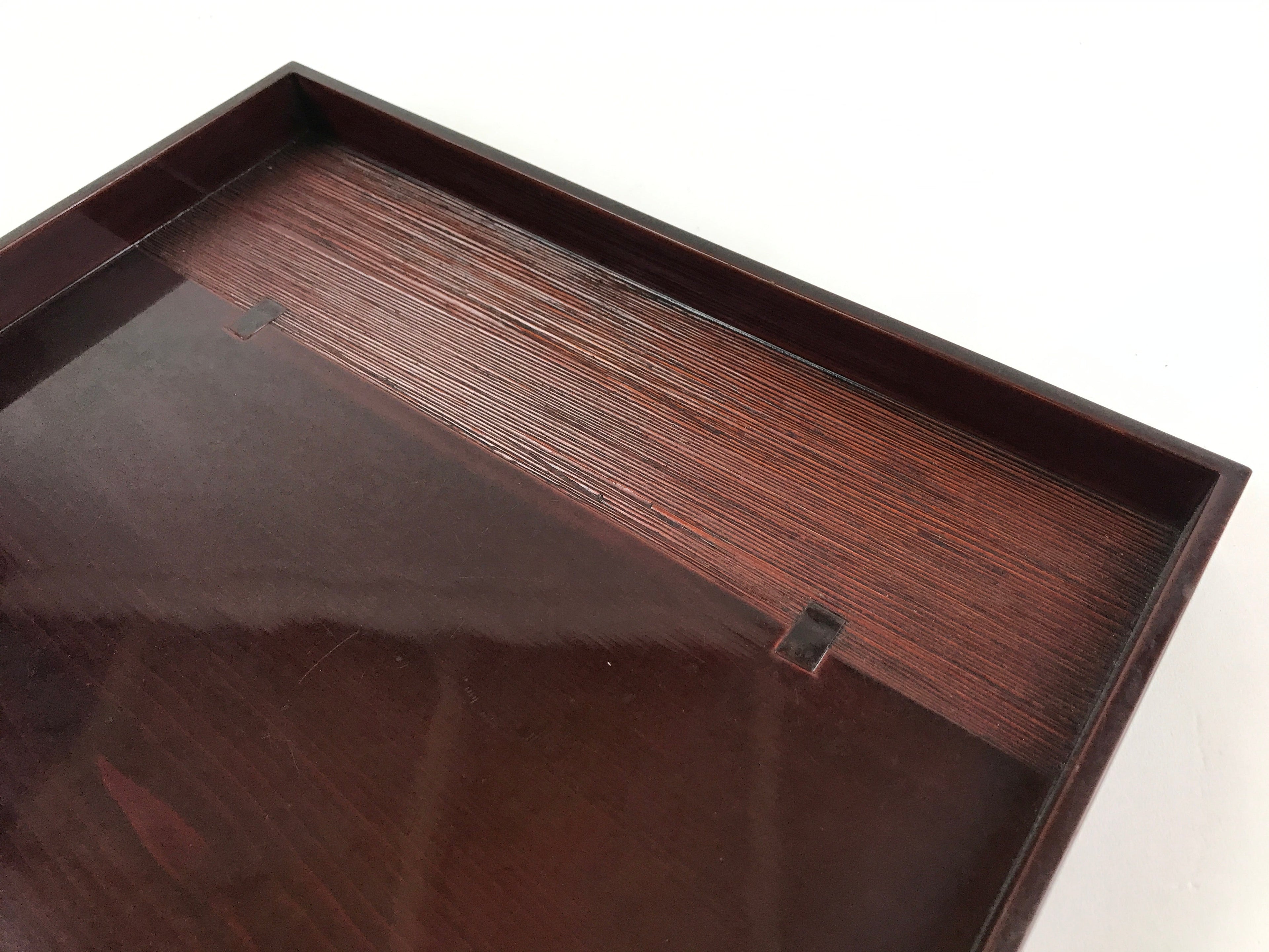 Japanese Lacquered Wooden Serving Tray Vtg Square Obon Dark Brown UR967