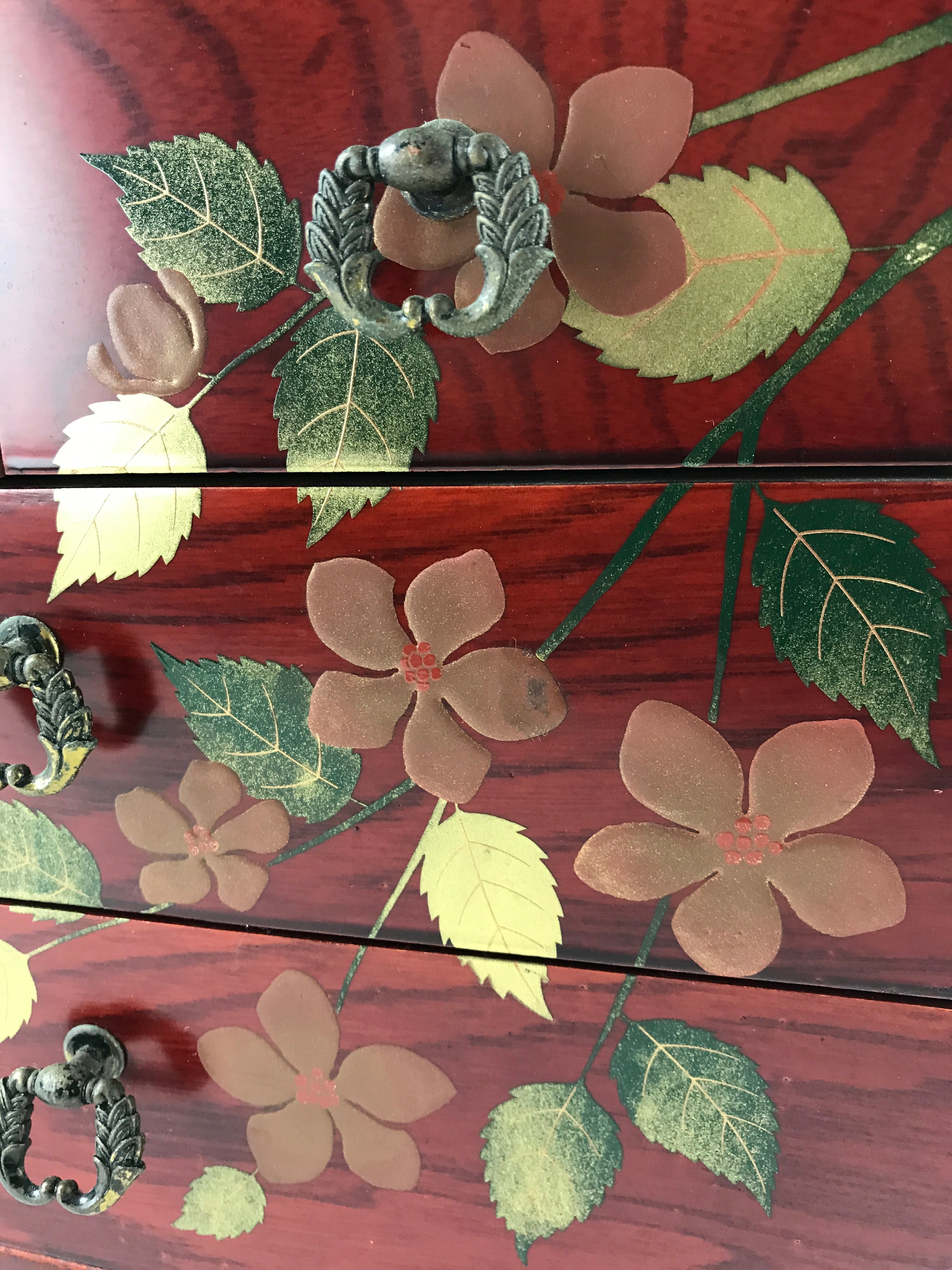 Japanese Lacquered Wooden Sewing Box Vtg Haribako Tansu Maki-e Flowers T340