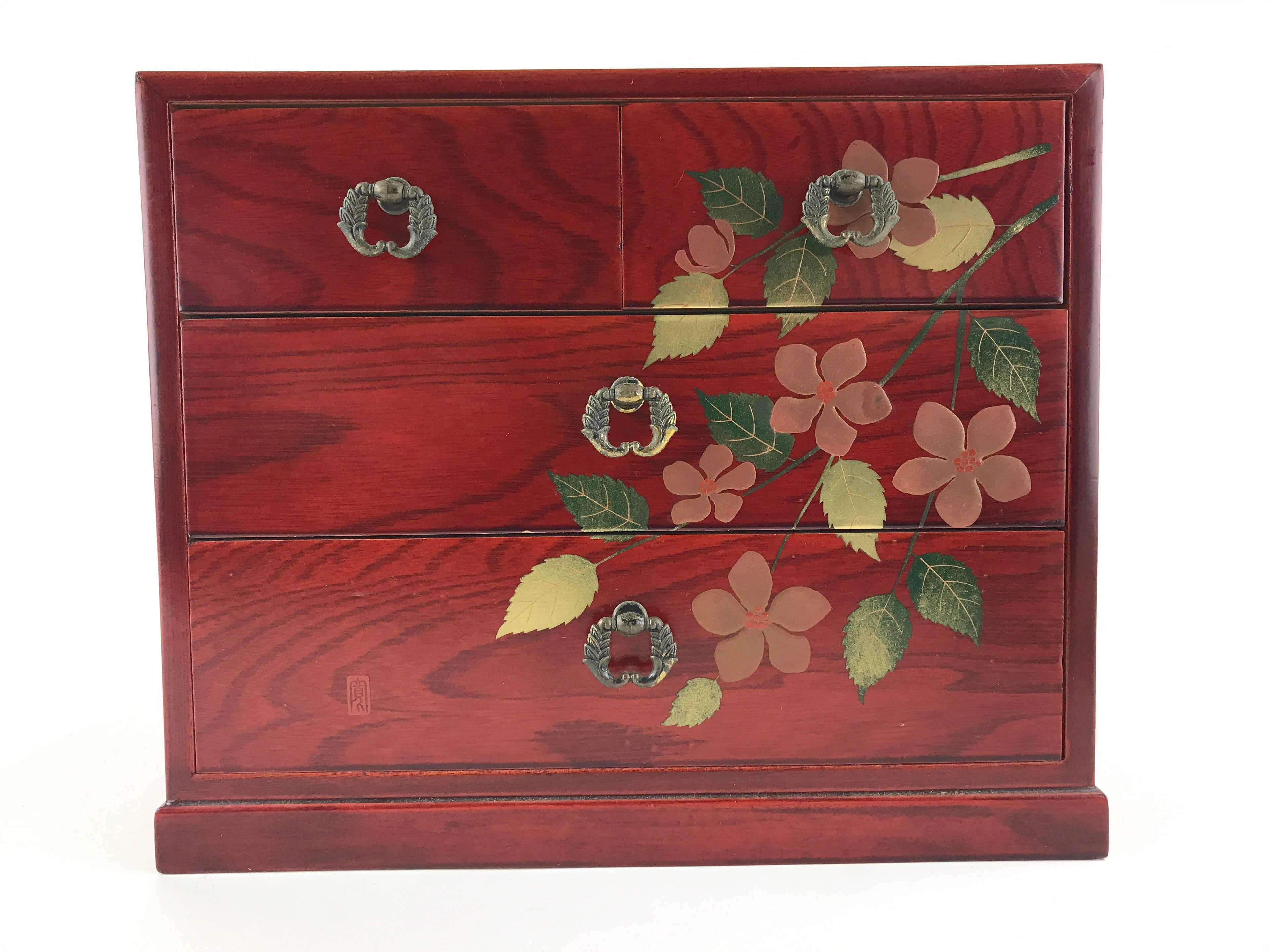 Japanese Lacquered Wooden Sewing Box Vtg Haribako Tansu Maki-e Flowers T340
