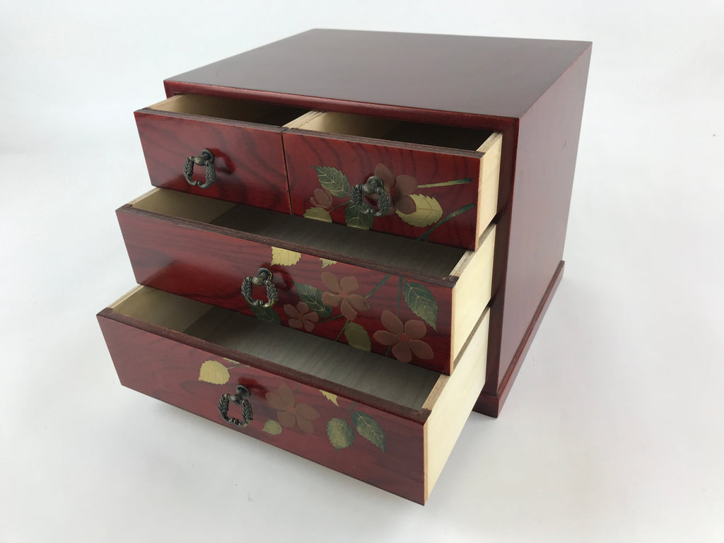 Japanese Lacquered Wooden Sewing Box Vtg Haribako Tansu Maki-e Flowers T340