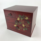 Japanese Lacquered Wooden Sewing Box Vtg Haribako Tansu Maki-e Flowers T340