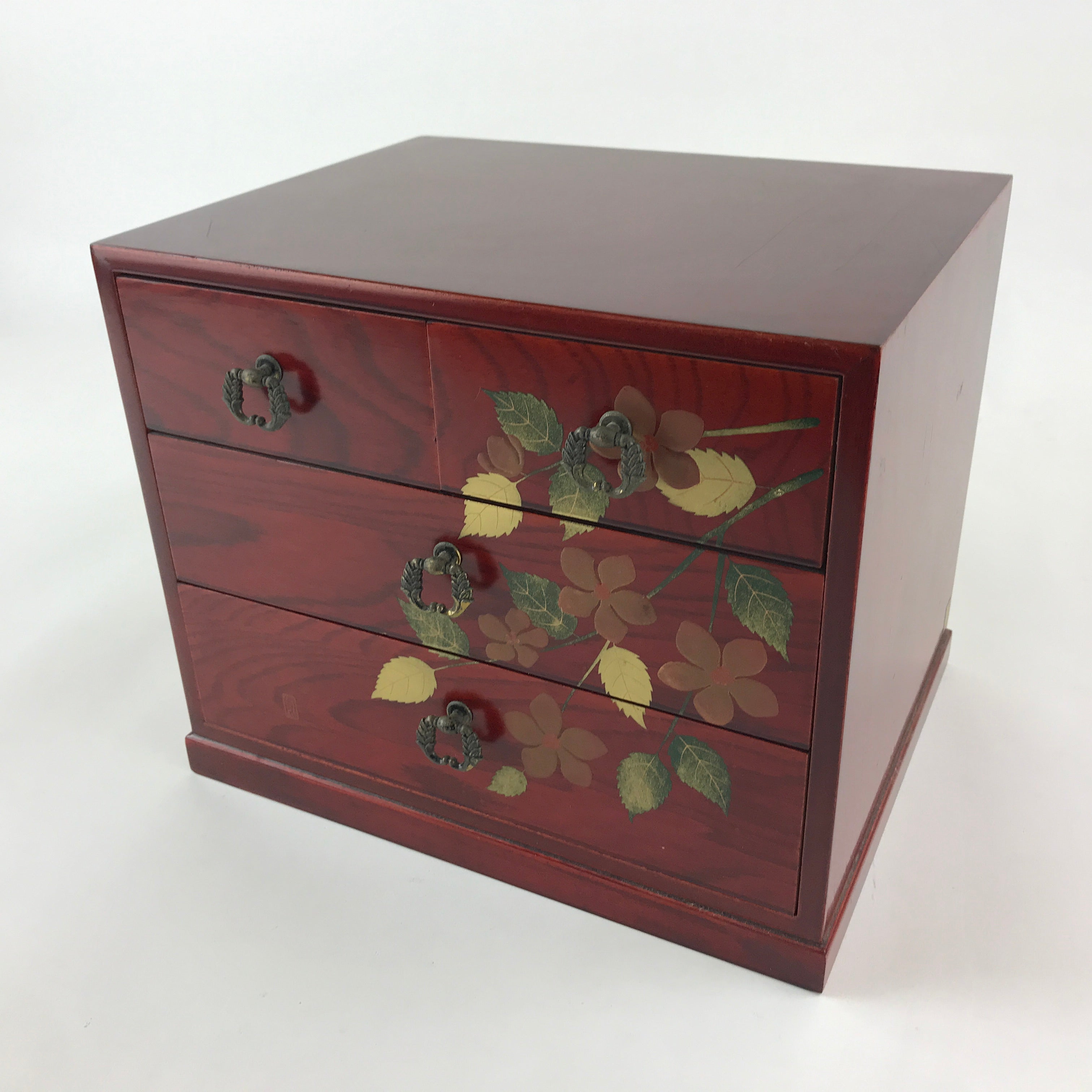 Japanese Lacquered Wooden Sewing Box Vtg Haribako Tansu Maki-e Flowers T340