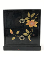 Japanese Lacquered Wooden Sewing Box Vtg Haribako Tansu Raden Makie Flower T357