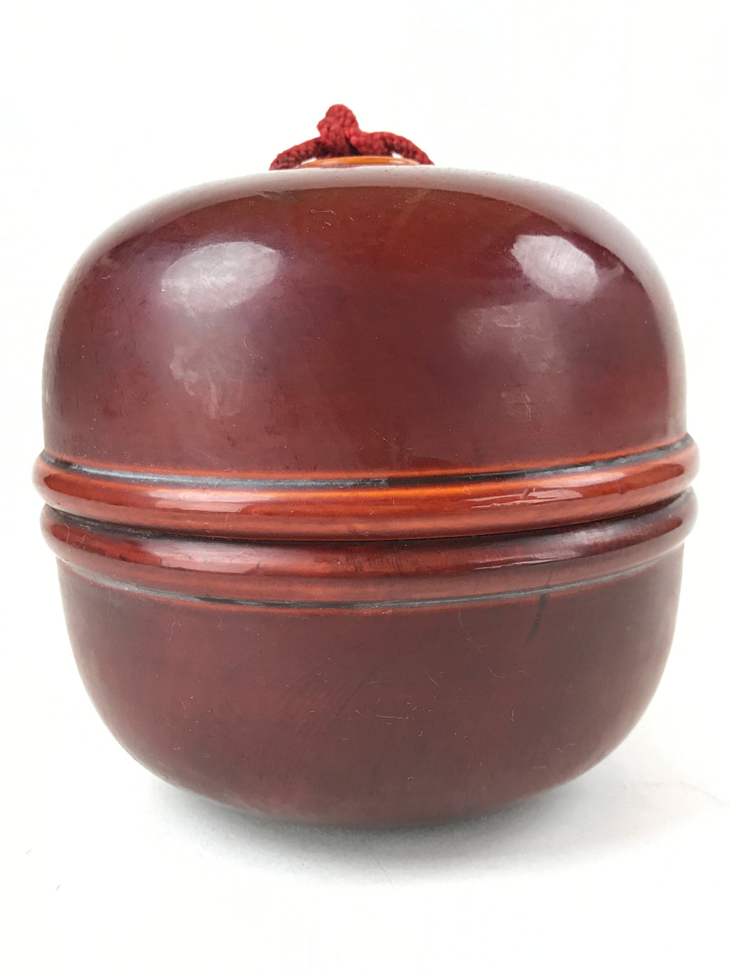Japanese Lacquered Wooden Shinto Prayer Bell Suzu Vtg Red Tassels Brown BA243