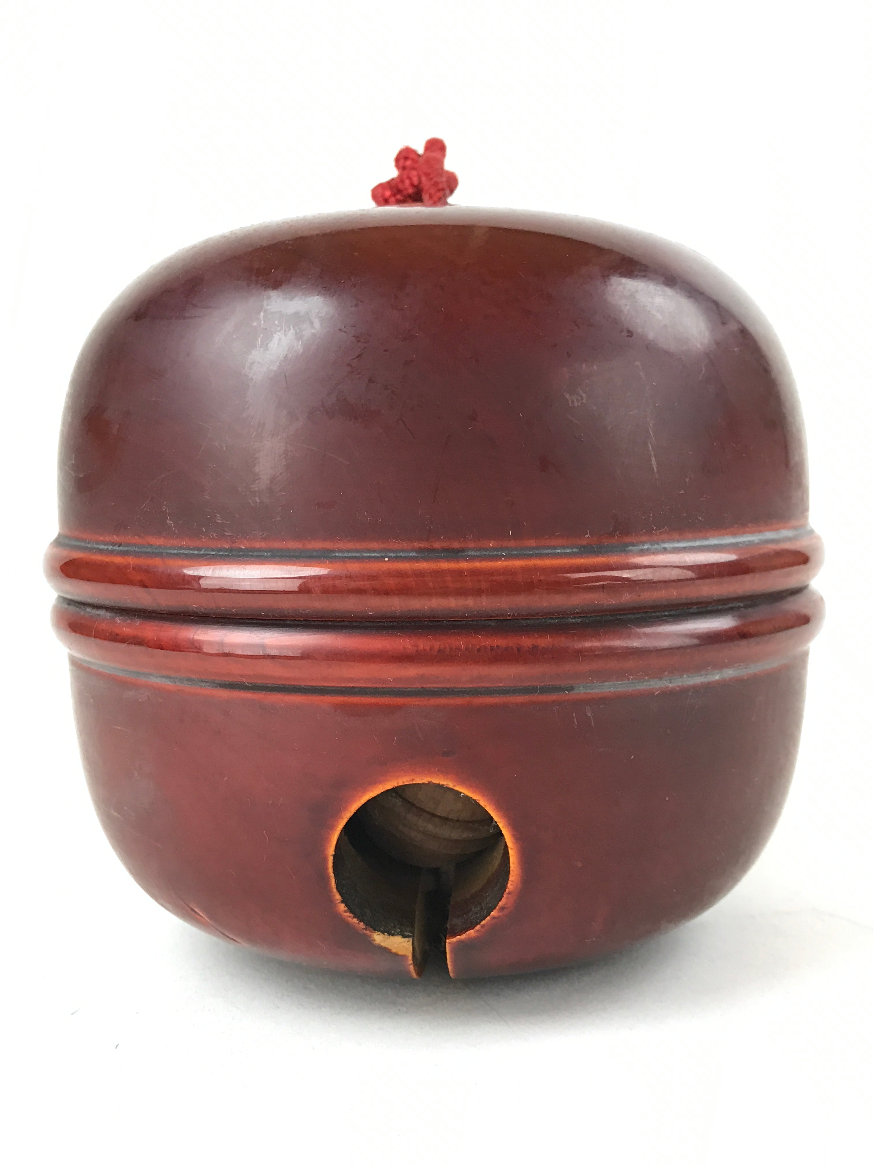 Japanese Lacquered Wooden Shinto Prayer Bell Suzu Vtg Red Tassels Brown BA243