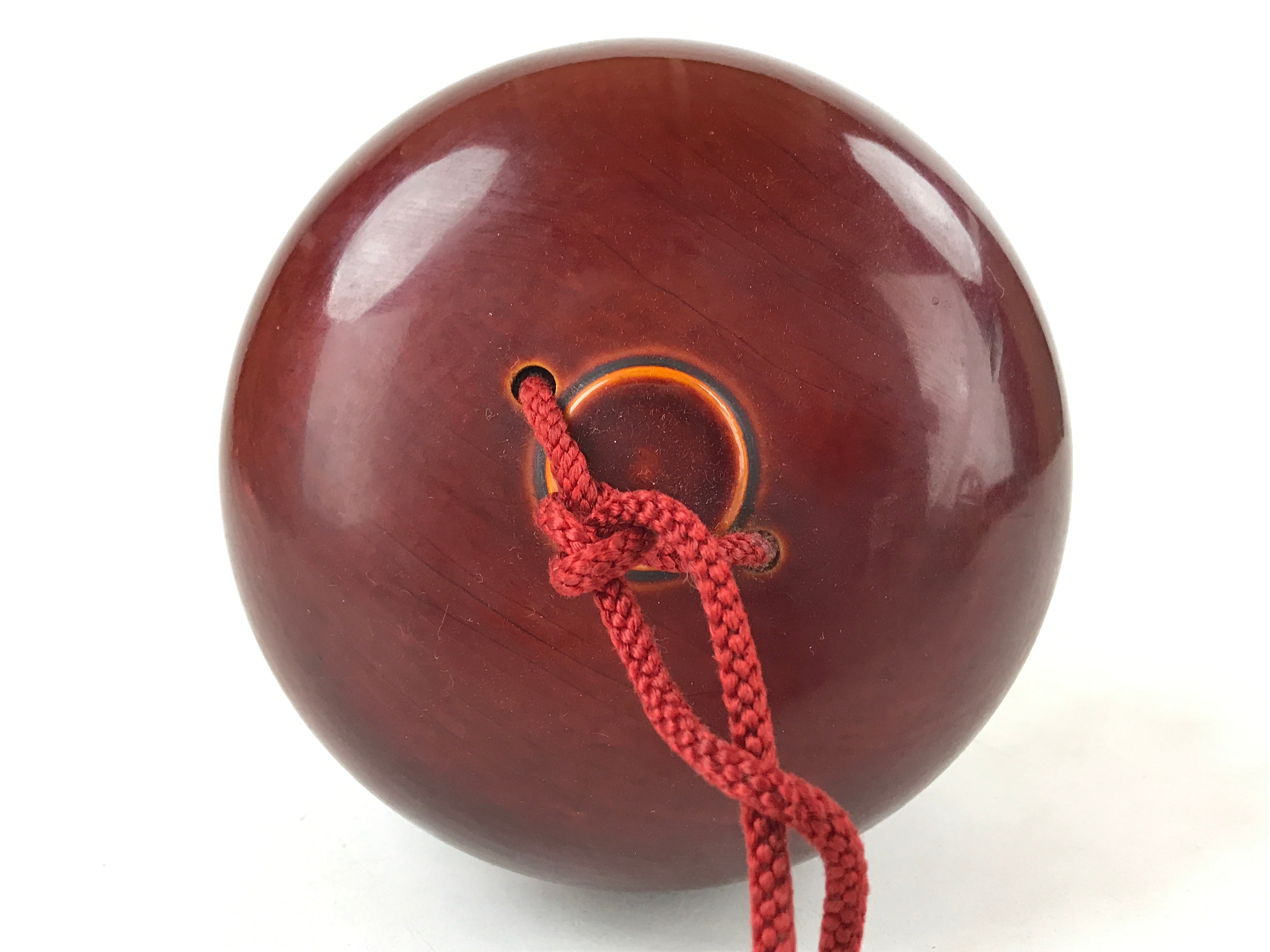 Japanese Lacquered Wooden Shinto Prayer Bell Suzu Vtg Red Tassels Brown BA243