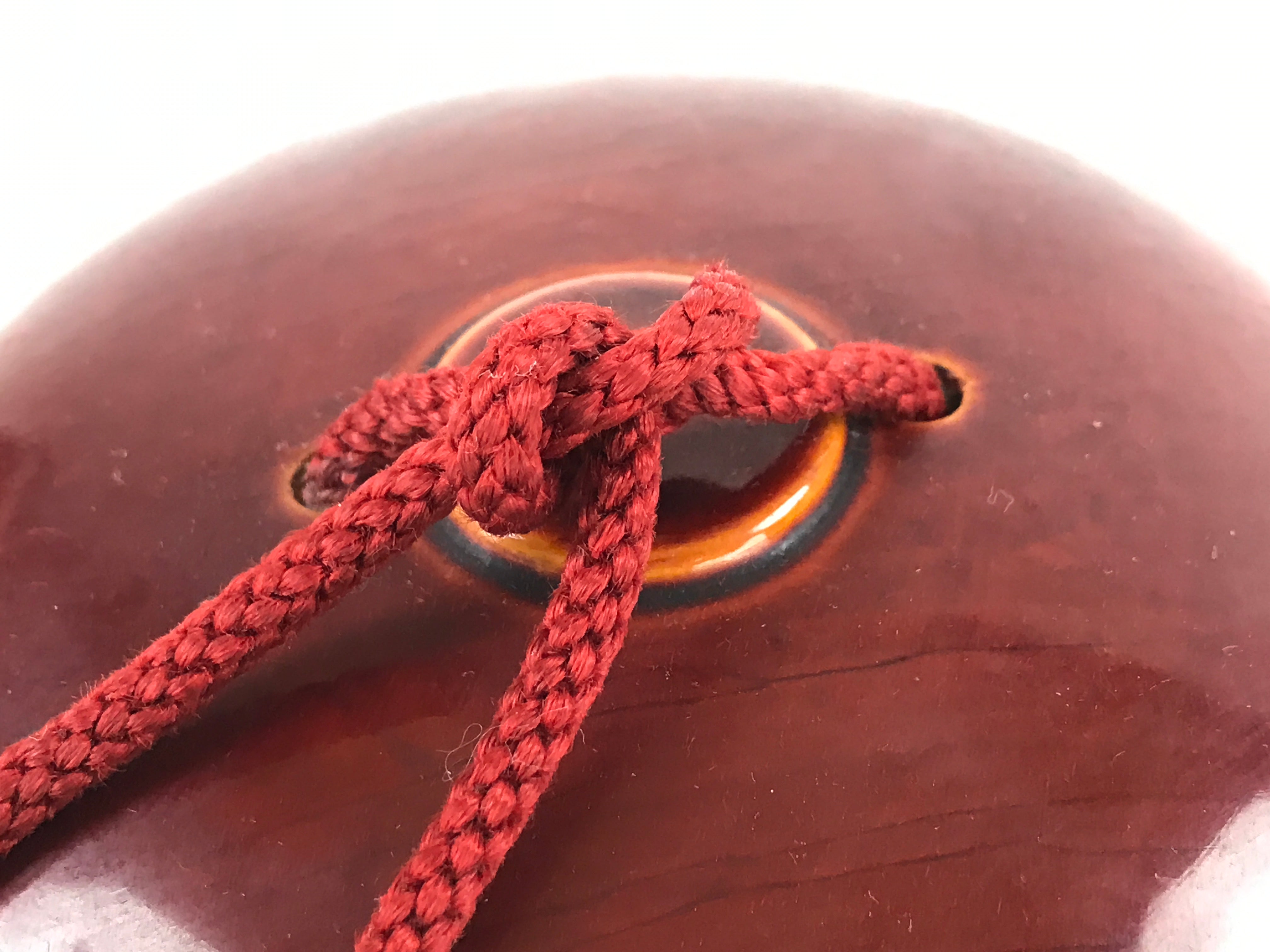 Japanese Lacquered Wooden Shinto Prayer Bell Suzu Vtg Red Tassels Brown BA243