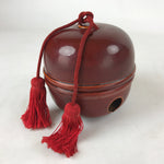 Japanese Lacquered Wooden Shinto Prayer Bell Suzu Vtg Red Tassels Brown BA243