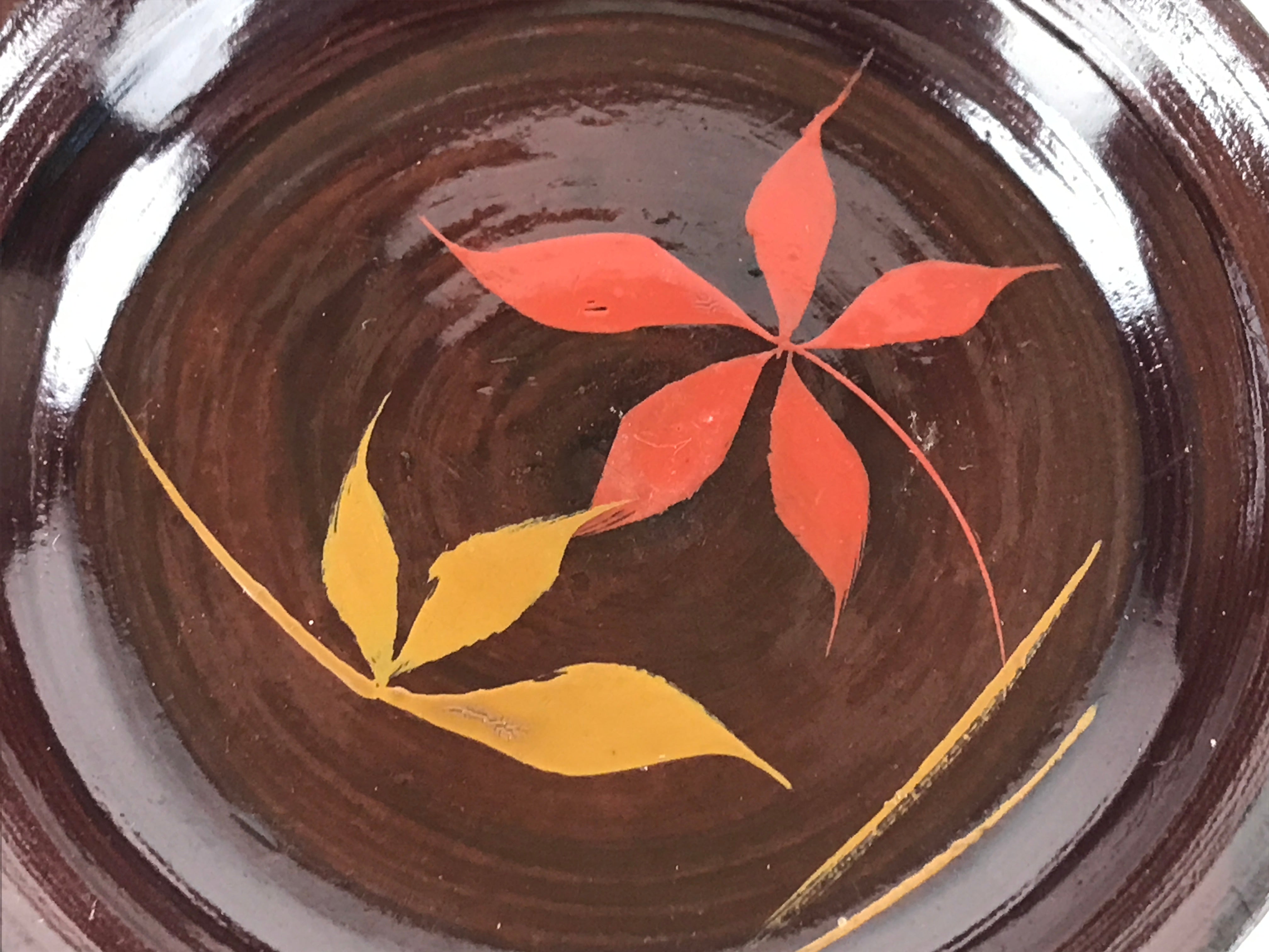 Japanese Lacquered Wooden Small Plate Mamezara Vtg Dish Round Brown Leaves L94