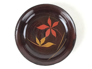 Japanese Lacquered Wooden Small Plate Mamezara Vtg Dish Round Brown Leaves L94