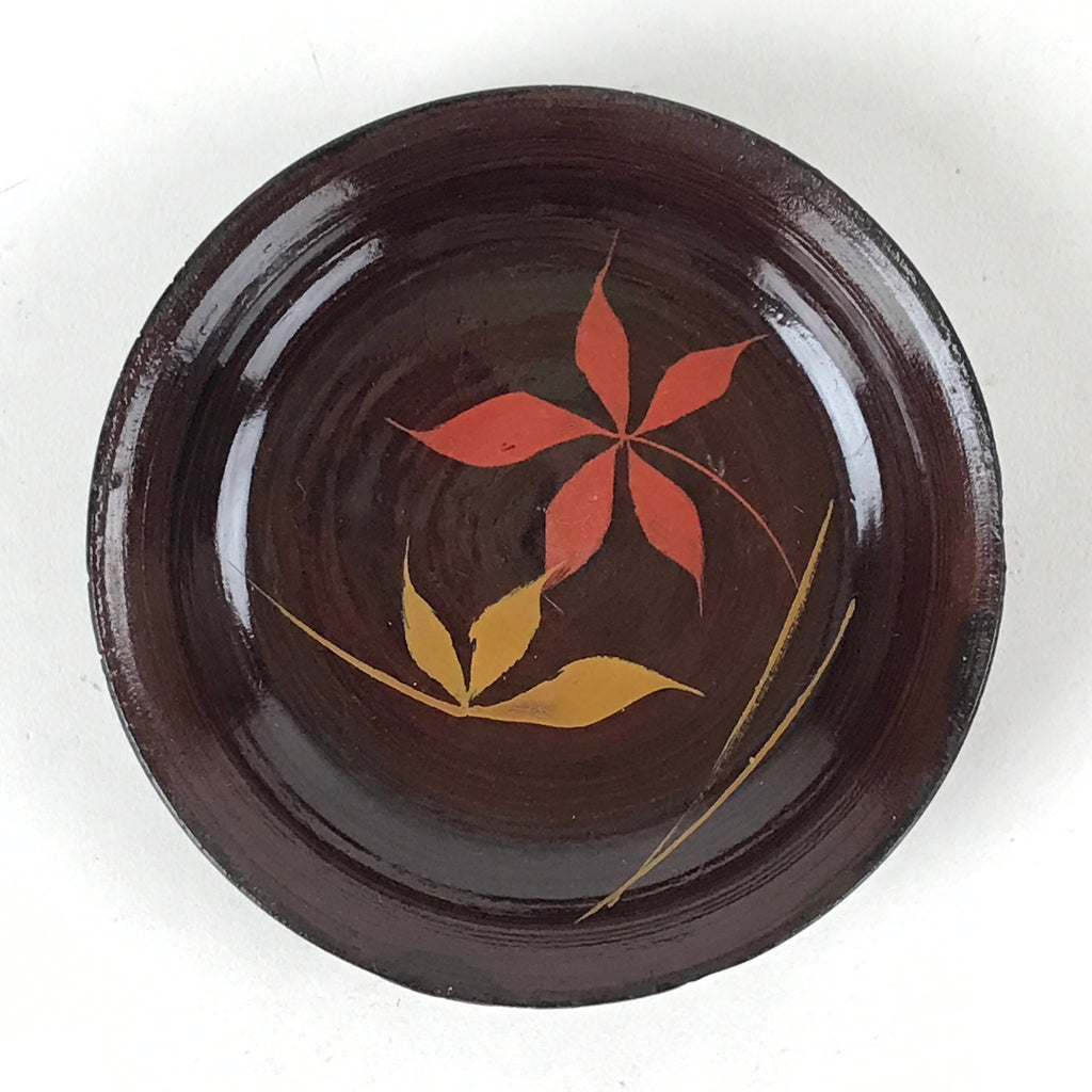 Japanese Lacquered Wooden Small Plate Mamezara Vtg Dish Round Brown Leaves L94