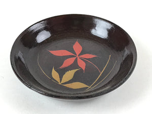 Japanese Lacquered Wooden Small Plate Mamezara Vtg Dish Round Brown Leaves L95