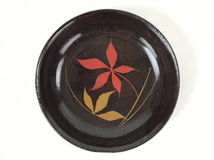 Japanese Lacquered Wooden Small Plate Mamezara Vtg Dish Round Brown Leaves L95