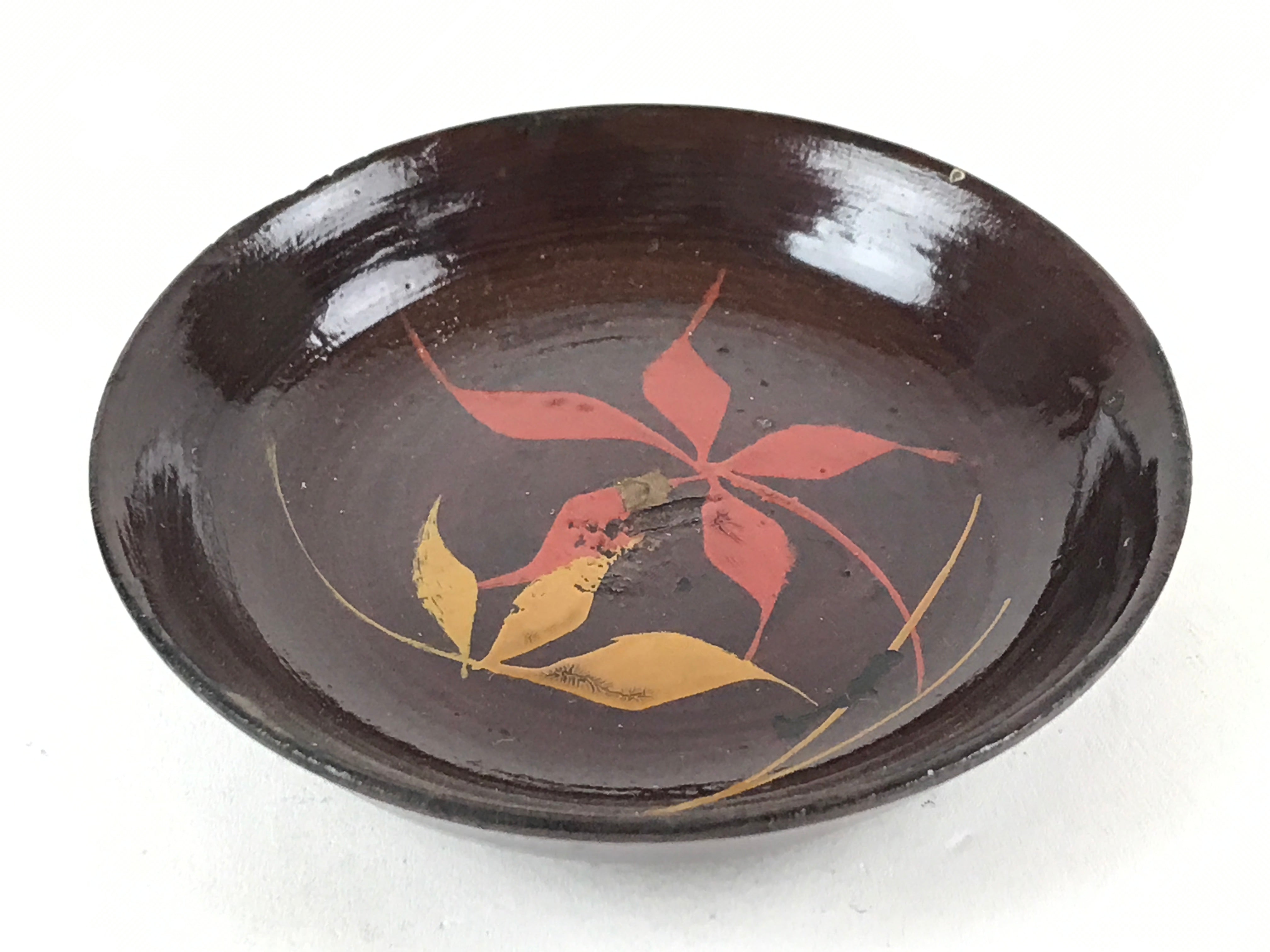 Japanese Lacquered Wooden Small Plate Mamezara Vtg Dish Round Brown Leaves L96