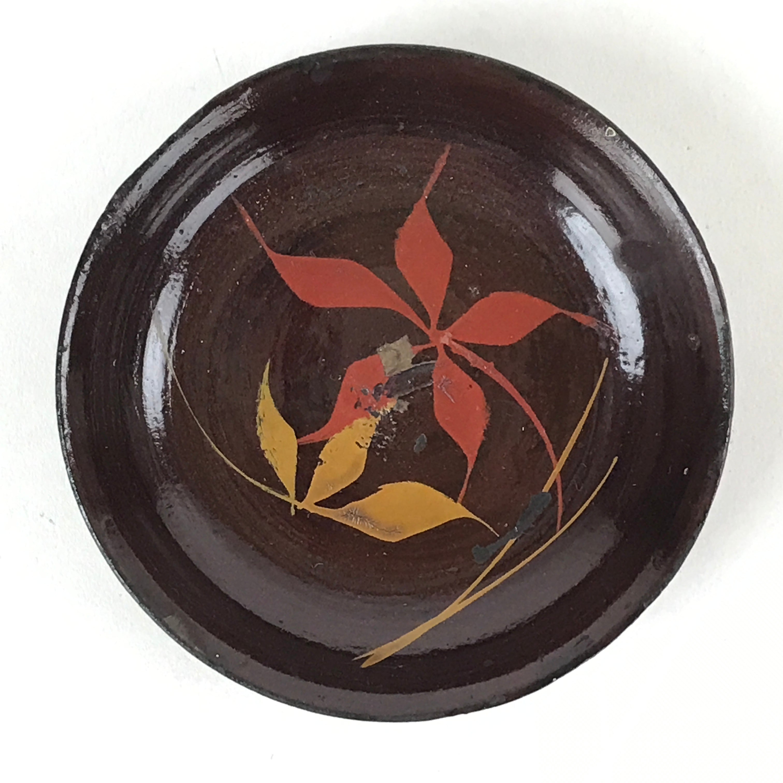 Japanese Lacquered Wooden Small Plate Mamezara Vtg Dish Round Brown Leaves L96