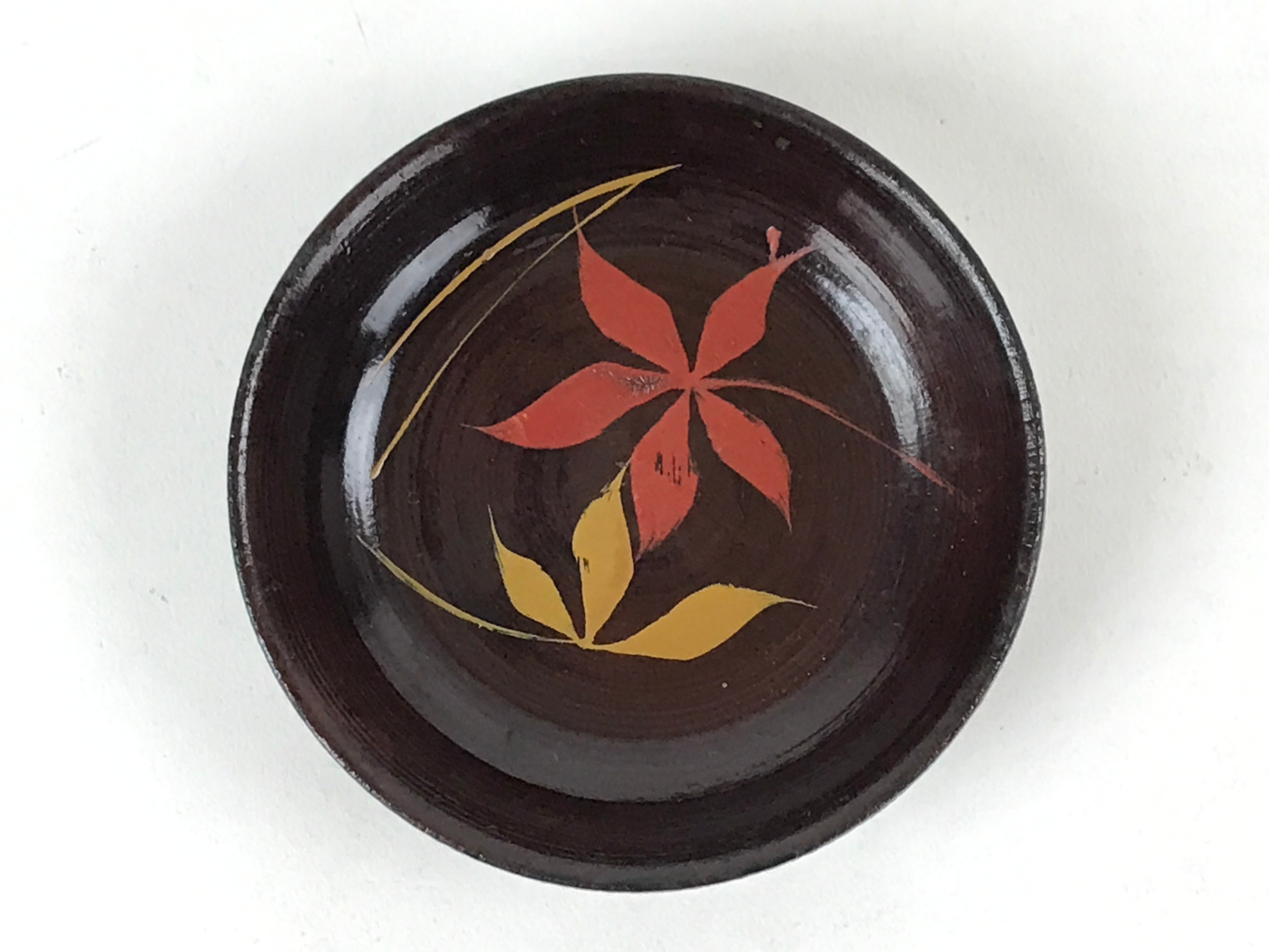 Japanese Lacquered Wooden Small Plate Mamezara Vtg Dish Round Brown Leaves L97