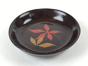 Japanese Lacquered Wooden Small Plate Mamezara Vtg Dish Round Brown Leaves L98